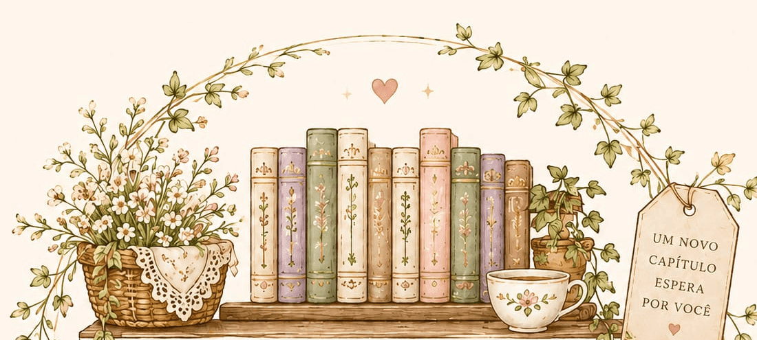 Prateleira com livros, cesta de flores, xícara de chá e uma tag escrita “um novo capítulo espera por você”
